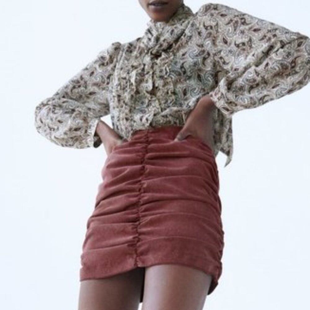 Zara Ruched Mini Skirt Corduroy Pink Size XS NEW